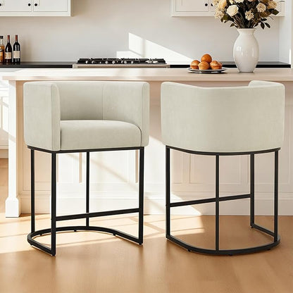 24" Counter Height Bar Stools Set of 4, Modern Barrel Counter Stools with Backrest and Arms, Fabric Upholstered Accent Barstools with Metal Legs for Kitchen Island,Sand