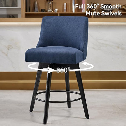 Counter Height Bar Stools Set of 3, Swivel Barstools with Backs and Wood Legs, Linen Fabric Upholstered Counter Stools for Kitchend Island, Mid-Century Modern 26" Seat Height Bar Chairs, Blue