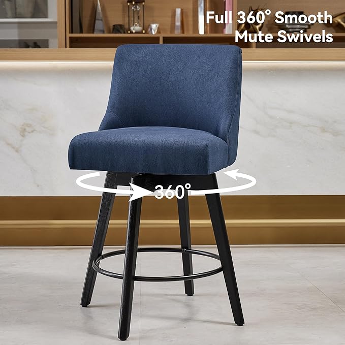 Vipbear Counter Height Bar Stools Set of 4, 26" H Swivel Bar Stools with Backs, Linen Fabric Upholstered Bar Chairs with Solid Wood Legs for Kitchen Island, Dining Room, Home Bar, Deep Blue