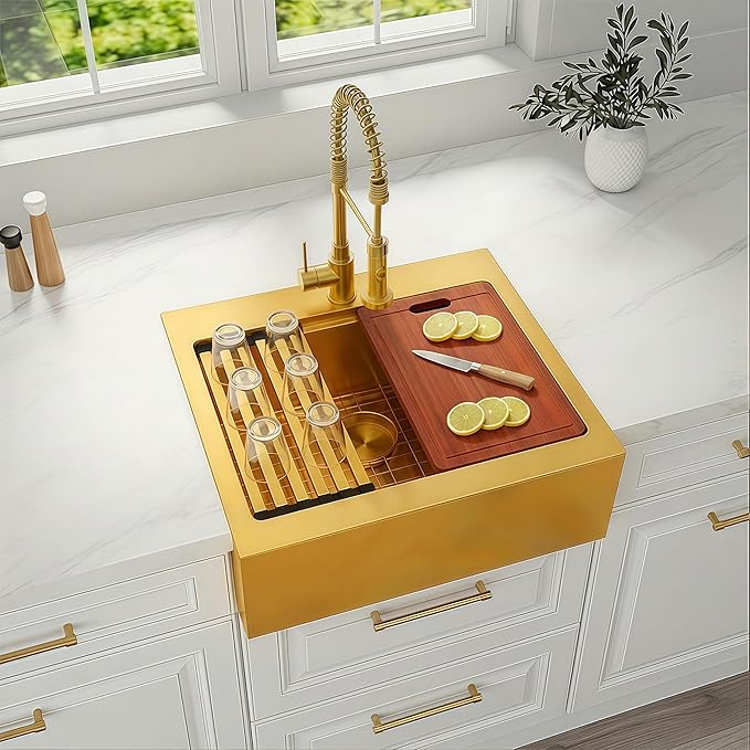 26 Inch Farmhouse Gold Sink, 16 Gauge 304 Stainless Steel Farm Sinks, Drop In Topmount Single Bowl Workstation Sink with all Accessories, 26" x 22" x 10" Deep Kitchen Sink