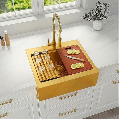 26 Inch Farmhouse Gold Sink, 16 Gauge 304 Stainless Steel Farm Sinks, Drop In Topmount Single Bowl Workstation Sink with all Accessories, 26" x 22" x 10" Deep Kitchen Sink