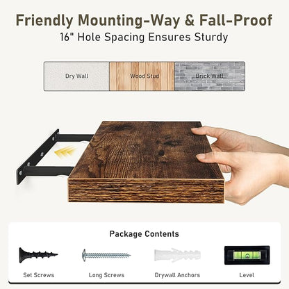 Fun Memories 72 Inch Floating Shelves for Wall 2 Pack Shelves for Bedroom|Kitchen|Bathroom 72 x 9.3 Inch Wood Floating Shelf with Invisible Brackets for Books|Storage|Decor, Rustic Brown