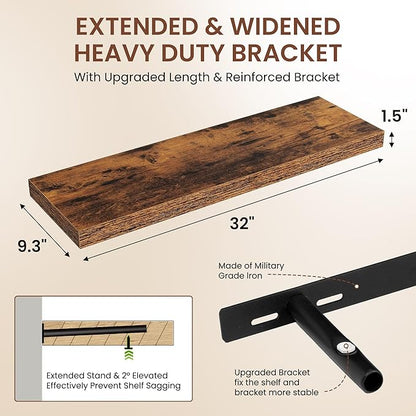 Dreamland 32 Inches Floating Shelves for Wall, 9.3" Deep Long Floating Shelves Set of 2, Large Display & Storage Shelf, Wall Shelf for Bathroom Bedroom Living Room Kitchen Office, Rustic Brown
