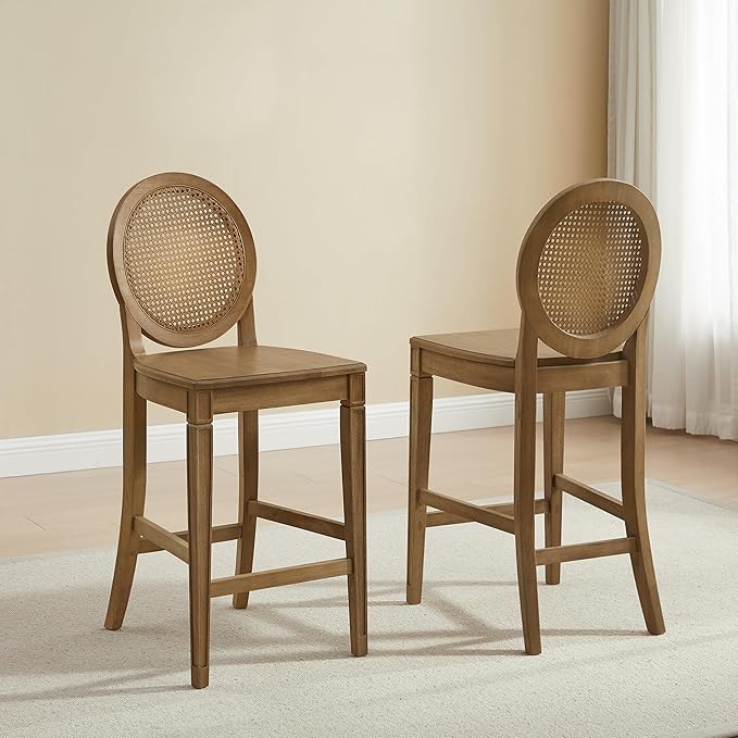 Crosley Furniture Katia Traditional Rattan Style Oval Cane-Back Counter Height Stool Set of 2, Bar Stools, Driftwood