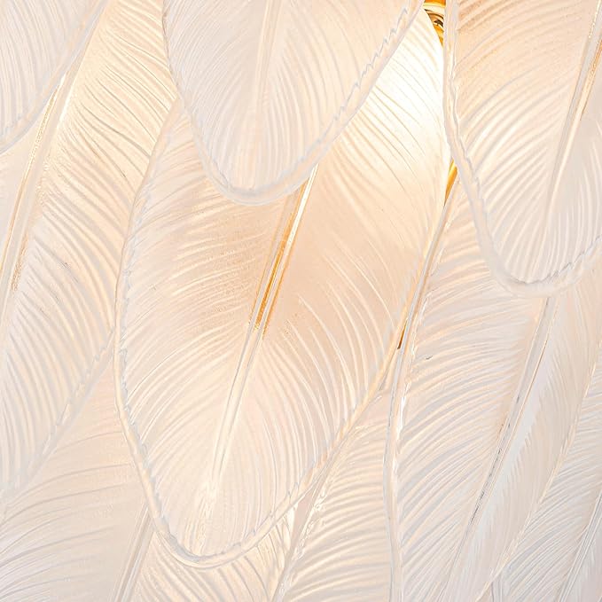 LumFurn 10-Light Gold Chandeliers, Modern Pendant Light Fixture for Dining Room, Staircase, D16 x H27~72" Adjustable Height, Frosted Feather Glass Shade & Gold Finish
