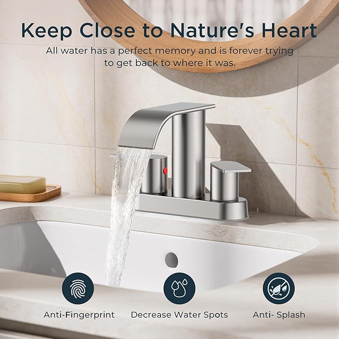 FORIOUS Brushed Nickel Bathroom Sink Faucet, Waterfall 4 Inch Centerset Bathroom Faucets with Metal Pop up Drain and cUPC Hose for Basin, Vanity, RV, Pedestal 2 or 3 Hole Sink