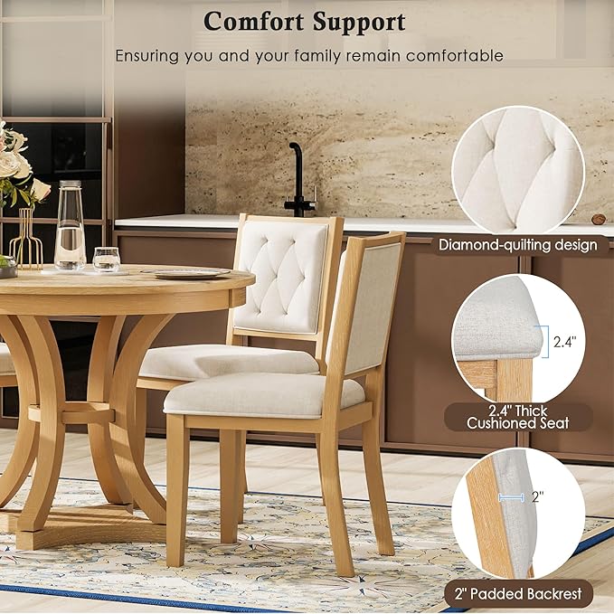 Vintage 5-Piece Extendable Round Dining Table Set for 4 with Chairs, Modern Wood Kitchen Table Set with Tufted Upholstered Chairs for Kitchen Dining Room Living Room (Natural)