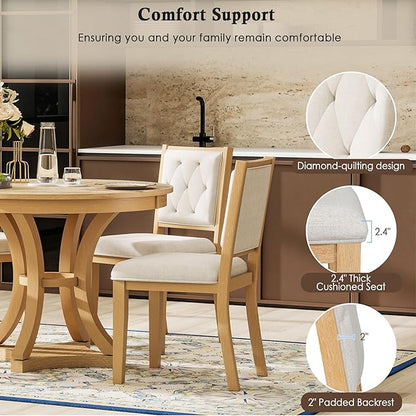 Vintage 5-Piece Extendable Round Dining Table Set for 4 with Chairs, Modern Wood Kitchen Table Set with Tufted Upholstered Chairs for Kitchen Dining Room Living Room (Natural)