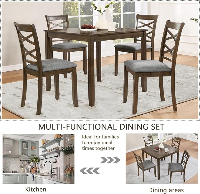 5-Piece Wooden Dining Table Set for 4, Modern Square Dining Room Table and Chairs Set of 4, Dining Table Set for 4 People for Kitchen and Dining Room, Walnut