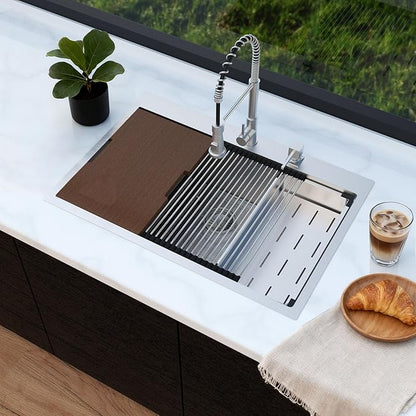 33x22 Drop In Kitchen Sink 16 Gauge Stainless Steel, Workstation Combo with Cutting Board & Washing Colander & Drying Rack, 10Inch Deep Single Bowl Topmount Sinks, 33"x22"x10", Brushed Nickle