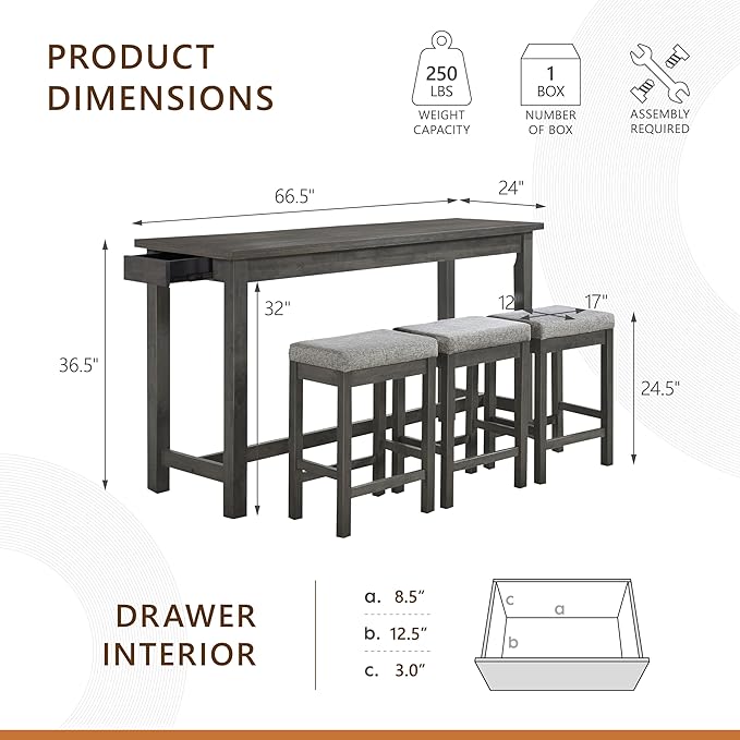 Lexicon 4-Piece Counter Height Table with 3 Stools, Wood Kitchen Counter Table Set with 2 Built-in USB Ports, 2 Charging A/C Power Outlets, Console Drawer, Upholstered Bar Stools, Gray