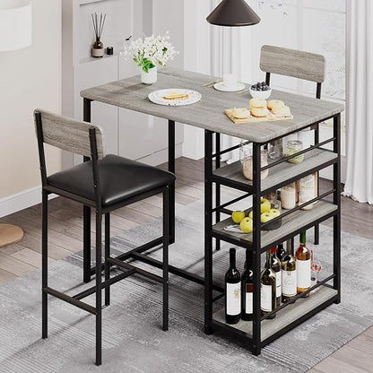 Dining Table Set for 2, 3-Piece Bar Table Set with 2 Stools, Space-Saving Counter Height Dining Set with 3-Tier Storage Shelves for Small Kitchens, Apartments, Breakfast Nooks
