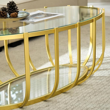 Saint Mossi Glass Oavl Coffee Table for Living Room, Mid Century Modern 2-Tier Gold Drum Center Table, Clear Glass Top with Gold Finish Legs & Frame, D42xW23xH16