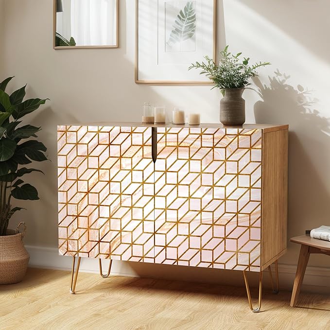 SIGNWIN Sideboard Buffet Cabinet, Kitchen Storage Cabinet with 2 Doors, 3D Square Optical Illusion Patterns, Cupboard Console Table for Dining Room - 35" L x 18" W x 29" H