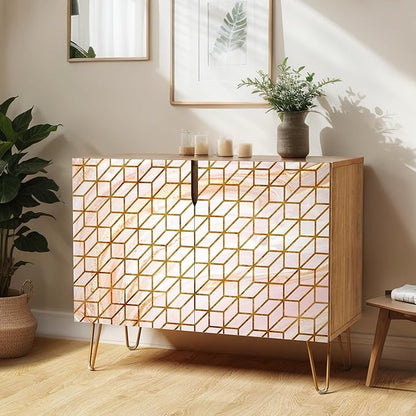 SIGNWIN Sideboard Buffet Cabinet, Kitchen Storage Cabinet with 2 Doors, 3D Square Optical Illusion Patterns, Cupboard Console Table for Dining Room - 35" L x 18" W x 29" H