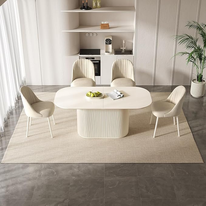 70" Oval Dining Table Set for 4, Modern Dining Room Table with 4 Chairs for Kitchen, Living Room, Bar, 5 Piece Kitchen Tables Set, Cream White Oval Dinner Tables with Stable Pedestal