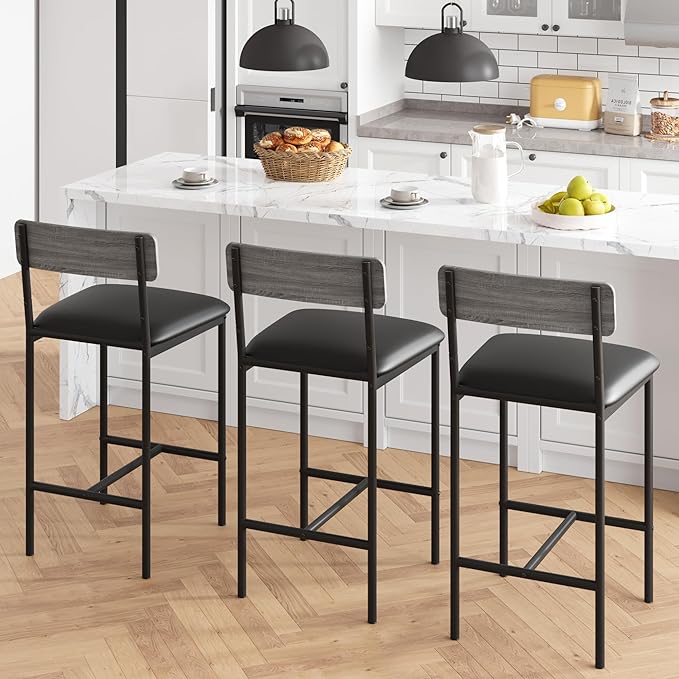 Bar Stools Set of 2, Kitchen Bar Stools with Footrest, Upholstered Bar Chairs with Back, 2 Counter Height Barstools for Counter Bar, Island