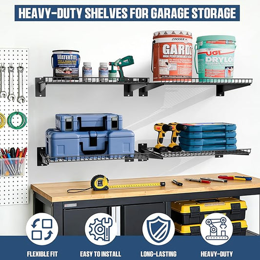 Heavy Duty Garage Wall Shelving 24"x16.5" 4-Pack, Adjustable Shelving Wall Mounted Shelves for Garage, Laundry Room, Closet, Total 400 lbs Load Capacity, Black