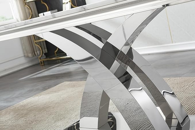 Modern Marble Dining Table for 4-6,White Dining Room Table with Silver X Stainless Steel Base,68" Rectangle Faux Marble Kitchen Table for 4-6 People,Luxury Dining Table for Living Room Home Office