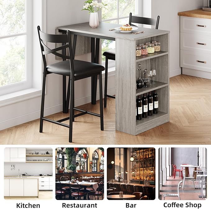 3-Piece Bar Table and Chairs Set, Extendable Kitchen Island with Storage Shelves, Counter Height Dining Table for Small Spaces, 2 Cushioned Bar Stools Included, Gray