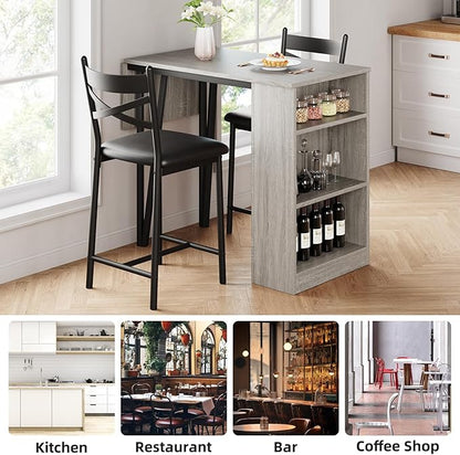 3-Piece Bar Table and Chairs Set, Extendable Kitchen Island with Storage Shelves, Counter Height Dining Table for Small Spaces, 2 Cushioned Bar Stools Included, Gray