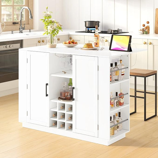 47.2" Kitchen Island with Drop Leaf & Power Outlet, Wine Bar with Bottle Rack & Glass Holder, 2-Door Buffet Sideboard with Side Shelves for Dining Room (White-85R)