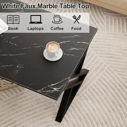 Wolawu Coffee Table Living Room Table Black Center Table, Simple Modern Faux Marble Rectangular Tea Table with Sturdy Black-Finished Metal Frame,Industrial Wooden Coffee Table for Bedroom Home Office