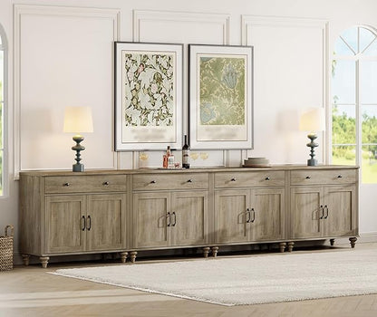 WAMPAT Large Buffet Cabinet with 8 Doors and 4 Drawers, Modern Coffee Bar Table Wood Kitchen Storage Cabinets, Farmhouse Sideboard Credenza for Dining Room, Wash Grey, 134 inch
