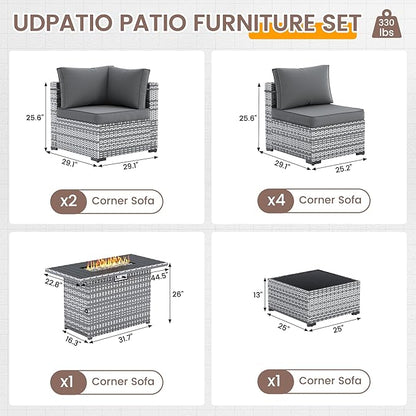 UDPATIO Patio Furniture Set with Fire Pit Table, 8 Pieces Outdoor Sectional Sofa, PE Wicker Patio Conversation Set for Garden, Backyard (Grey Cushions with Grey Rattan)