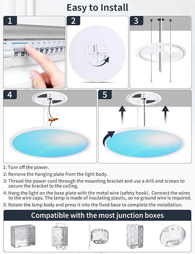 20 Inch Flush Mount Ceiling Light with Blue Sky Cover, Dimmable Ceiling Lamp with Remote, 42W LED Lighting Fixtures Sunlight Effect, Modern Slim Design for Classroom Bedroom Living Room, Round White