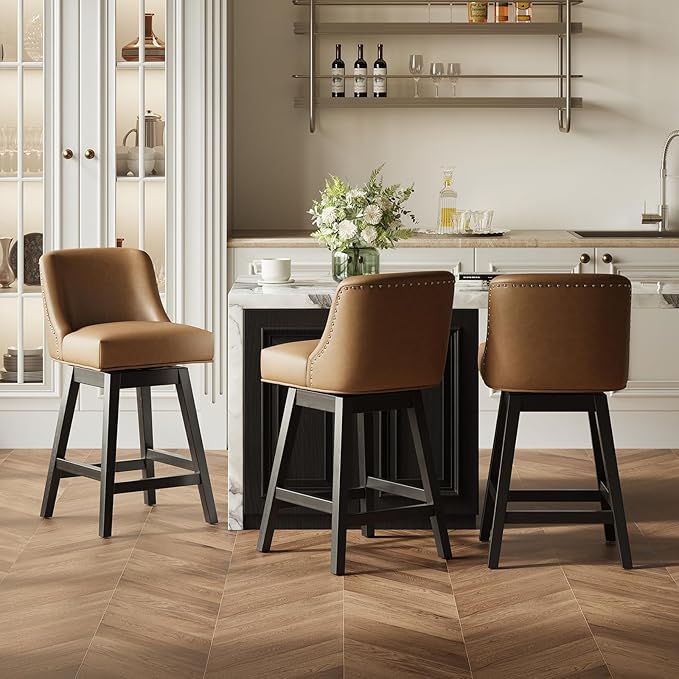 MALOL Swivel Bar Stools Set of 3, 27" Counter Height Kitchen Stools with Padded Seats and Solid Wood Legs, Upholstered Barstools for Kitchen Island, Breakfast Nook (Brown)