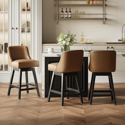 MALOL Swivel Bar Stools Set of 6, 27" Counter Height Kitchen Stools with Padded Seats and Solid Wood Legs, Upholstered Barstools for Kitchen Island, Breakfast Nook (Brown)