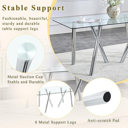 71" Glass Dining Table for 6-8, Modern Dining Room Table with 0.39" Tempered Glass Top and 6 Silver Metal Round Tube Legs, Rectangle Kitchen Dinner Table for Dining Room