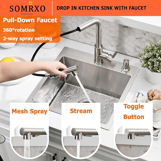 15×15 Inch Drop-In Stainless Steel Bar Sink with Faucet Combo - Top Mount Single Bowl, Small Kitchen Sink for Bar Prep, RV, and Compact Spaces