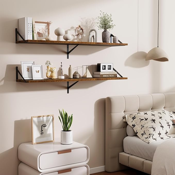 Acovy 48inch Floating Shelves for Wall,10" Deep Floating Shelves with Metal Brackets,Wall Mounted Hanging Floating Shelf,Wide Display Shelves for Living Room,Bedroom,Office,Kitchen,Rustic Brown