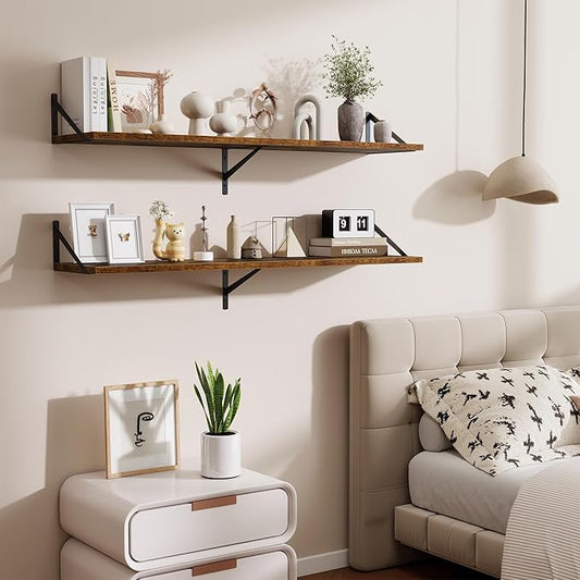 Acovy 48inch Floating Shelves for Wall,10" Deep Floating Shelves with Metal Brackets,Wall Mounted Hanging Floating Shelf,Wide Display Shelves for Living Room,Bedroom,Office,Kitchen,Rustic Brown