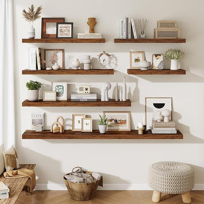 Fun Memories Floating Shelves for Wall 36 Inches, Wood Shelves with Invisible Bracket, 10" Deep Shelves Wall Mounted, Large Floating Shelves for Living Room Bathroom, Rustic Brown, Set of 2