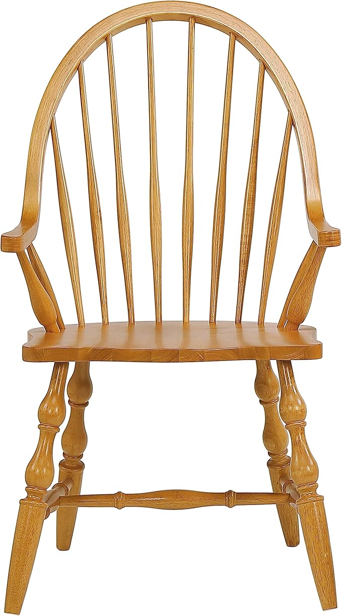 Sunset Trading Oak Selections Windsor Spindleback Dining Chair with Arms | Fully Assembled Kitchen Armchair| Modern Farmhouse Minimalist Country Cottage | Light Oak Solid Wood