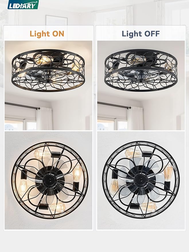 LEDIARY Caged Ceiling Fans with Lights, Black Flush Mount Ceiling Fan with Remote&App, Small Low Profile Bladeless Ceiling Fan Light Fixture for Bedroom, Kitchen, Dining Room.