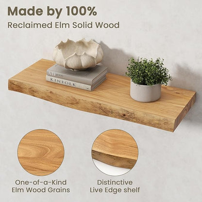 Fun Memories Floating Shelves for Wall Decor Set of 2-24 Inch Solid Elm Wood Live Edge - Rustic Natural Wall Shelves with Invisible Brackets - for Living Room, Bedroom, Kitchen - Natural Finish