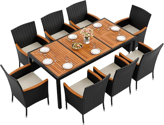 Flamaker 9 Piece Patio Dining Set Outdoor Acacia Wood Table and Chairs with Soft Cushions Wicker Patio Furniture for Deck, Backyard, Garden