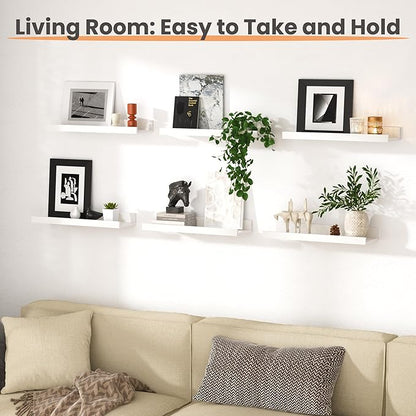 upsimples Floating Shelves for Wall, Wall Shelves for Decor Storage Set of 6, Wall Mounted Wood Shelf for Bedroom, Living Room, Bathroom, Kitchen, Picture Ledge Shelf, White