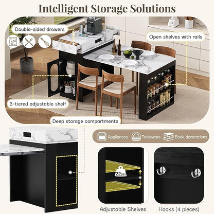 Polibi Modern Extendable Dining Table with Built-in Charging Station, Hidden Drawers & Glass Door Storage, Floating Design Expandable Sideboard for Kitchen and Living Room, Black+Marble White