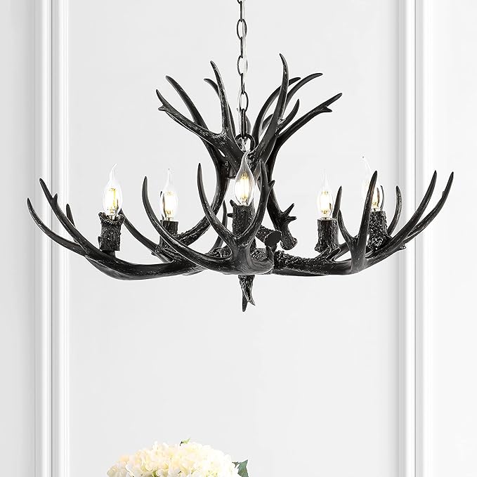 JONATHAN Y 30" Black Rustic Resin Antler 5-Light LED Chandelier, Farmhouse Faux Deer Horn Hanging Ceiling Light for Dining Room, Kitchen Island, Adjustable Light Fixture (JYL6300C)