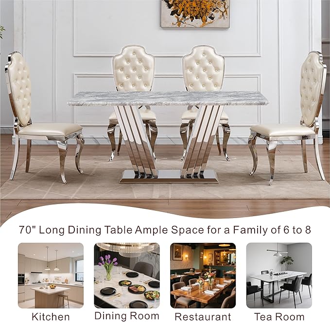 70" Marble Dining Table for 6-8, Modern Luxury Silver Rectangular Large Kitchen Table, Marble Grain MDF Tabletop & Stainless Steel Base, Dinner Furniture for Kitchen Dining Room, Meeting Room, Grey