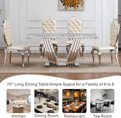 70" Marble Dining Table for 6-8, Modern Luxury Silver Rectangular Large Kitchen Table, Marble Grain MDF Tabletop & Stainless Steel Base, Dinner Furniture for Kitchen Dining Room, Meeting Room, Grey