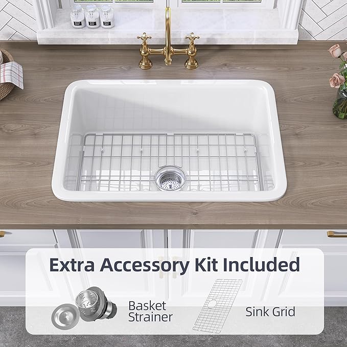 TUKTUK White Undermount Kitchen Sink 27 Inch Fireclay Drop-in Deep & Modern Farm Sink Large Single Bowl Topmount Accessory Kit Included