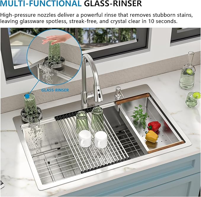 33"x22" Drop In Kitchen Sink Ledge Workstation – 16 Gauge 304 Stainless Steel, Single Bowl Overmount Top Mount Sink Basin with Faucet Combo & Glass Rinser