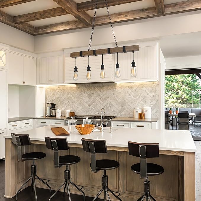 LALUZ Kitchen Island Lighting, 5-Light Farmhouse Linear Chandeliers for Dining Room, 35.5'' Rustic Faux Wood Island Lights for Kitchen