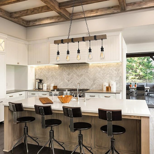 LALUZ Kitchen Island Lighting, 5-Light Farmhouse Linear Chandeliers for Dining Room, 35.5'' Rustic Faux Wood Island Lights for Kitchen